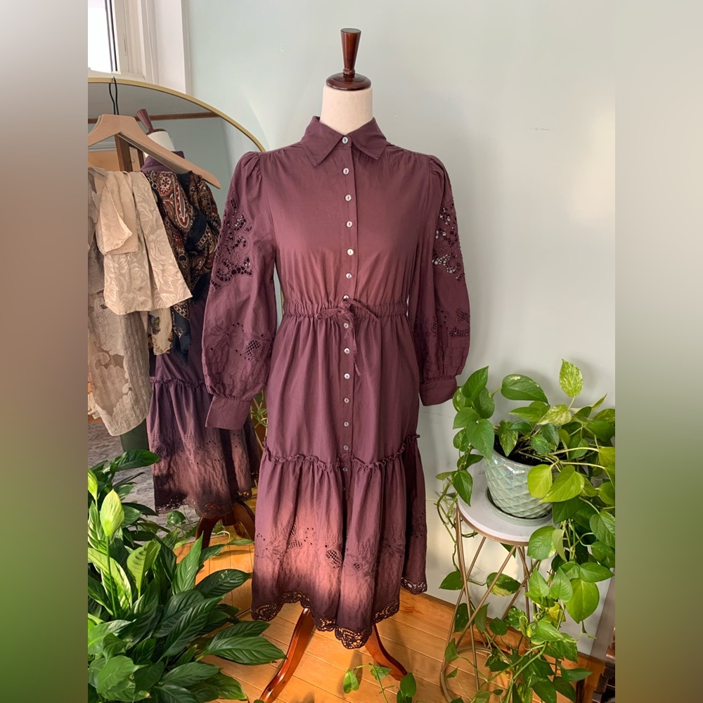 St. Roche Darcy Shirtdress Raisin Organic Cotton MIDI Pockets Cottagecore Dress - Picture 16 of 16